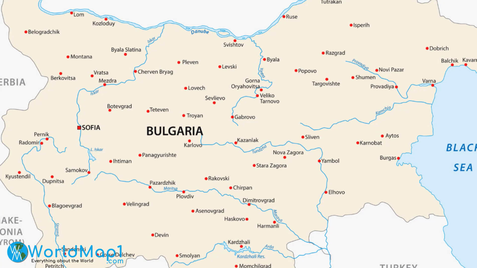 Carte de la Bulgarie avec la frontière de la Roumanie